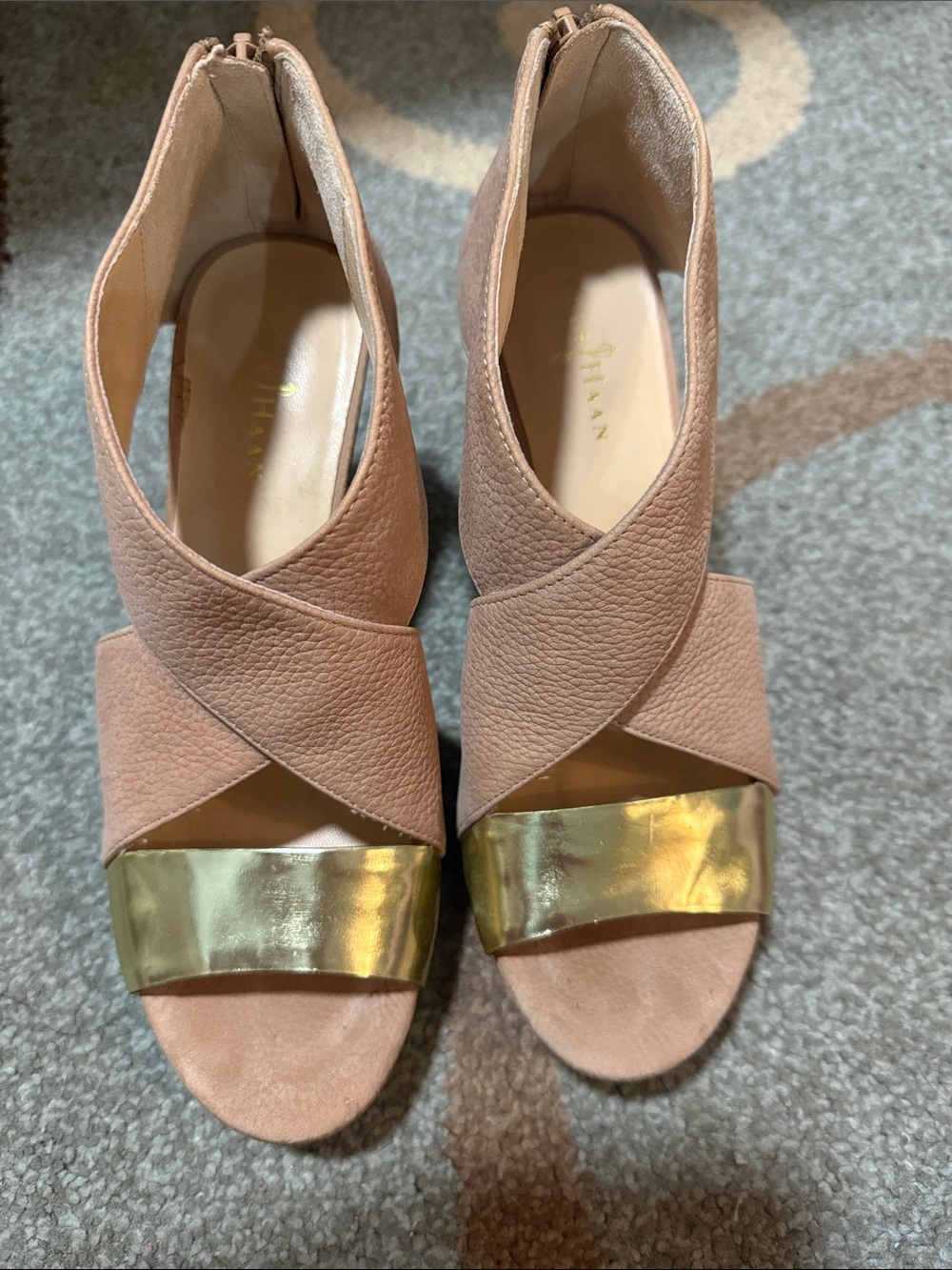 Cole Haan Blush Pink Leather Crisscross Heels with Gold Toe Strap